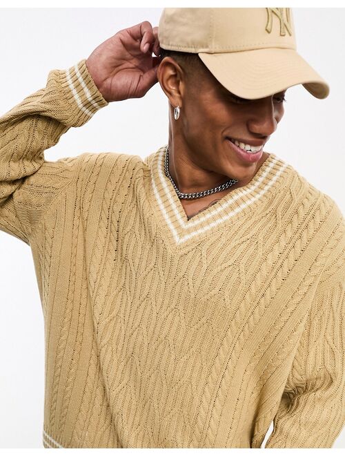 ASOS DESIGN oversized cable knit cricket sweater in oatmeal & white tipping