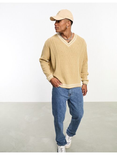 ASOS DESIGN oversized cable knit cricket sweater in oatmeal & white tipping