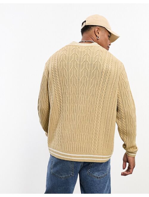 ASOS DESIGN oversized cable knit cricket sweater in oatmeal & white tipping