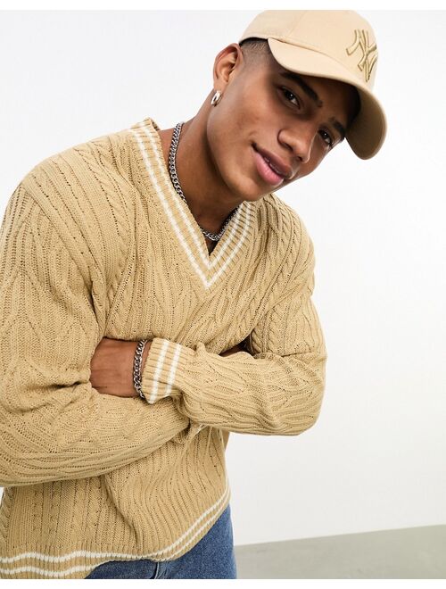 ASOS DESIGN oversized cable knit cricket sweater in oatmeal & white tipping