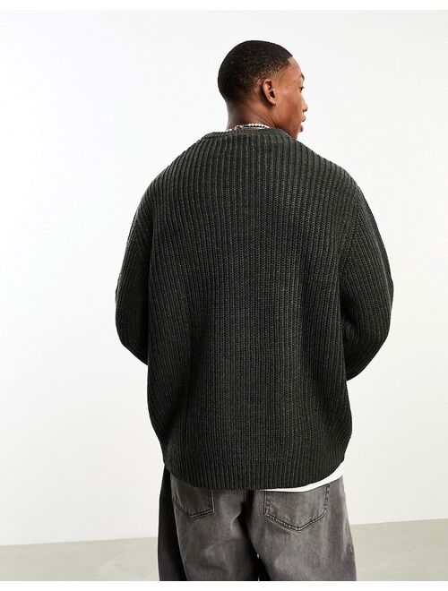 ASOS DESIGN oversized knit fisherman ribbed crew neck sweater in charcoal