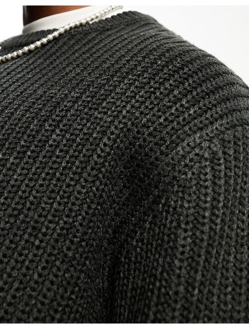 ASOS DESIGN oversized knit fisherman ribbed crew neck sweater in charcoal