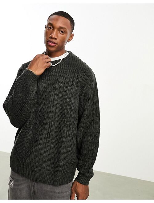 ASOS DESIGN oversized knit fisherman ribbed crew neck sweater in charcoal