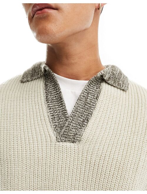 ASOS DESIGN oversized knit contrast notch neck fisherman ribbed sweater in stone