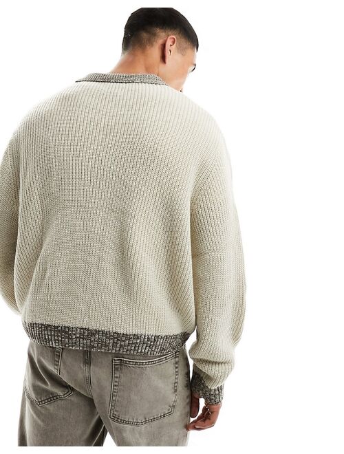 ASOS DESIGN oversized knit contrast notch neck fisherman ribbed sweater in stone