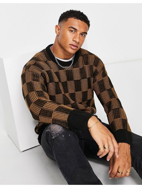 New Look relaxed fit checkerboard sweater in brown