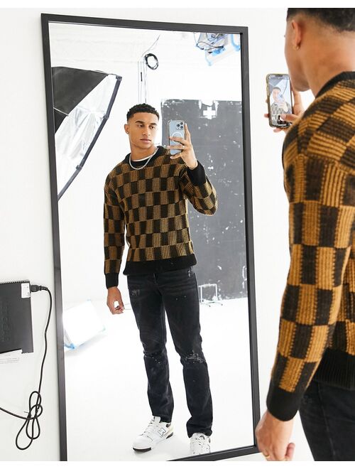 New Look relaxed fit checkerboard sweater in brown