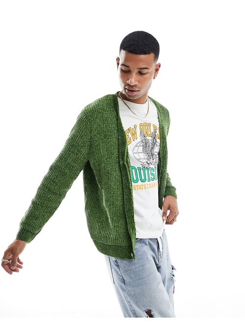 ASOS DESIGN relaxed knit chenille cardigan in khaki