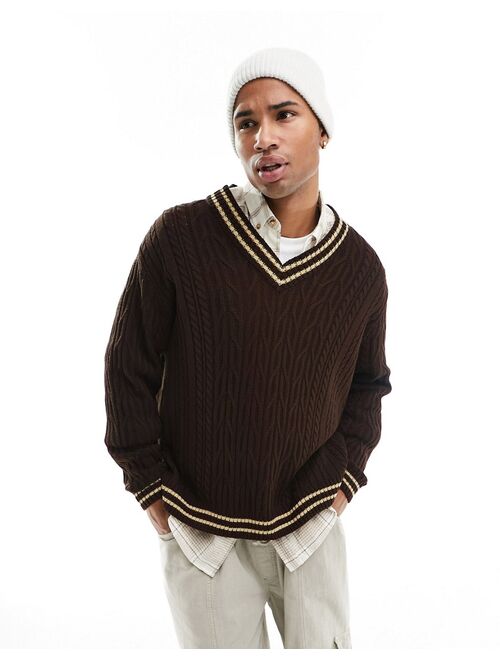 ASOS DESIGN oversized cable knit cricket sweater in brown with ecru tipping