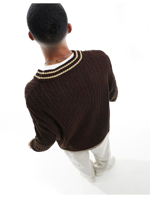 ASOS DESIGN oversized cable knit cricket sweater in brown with ecru tipping