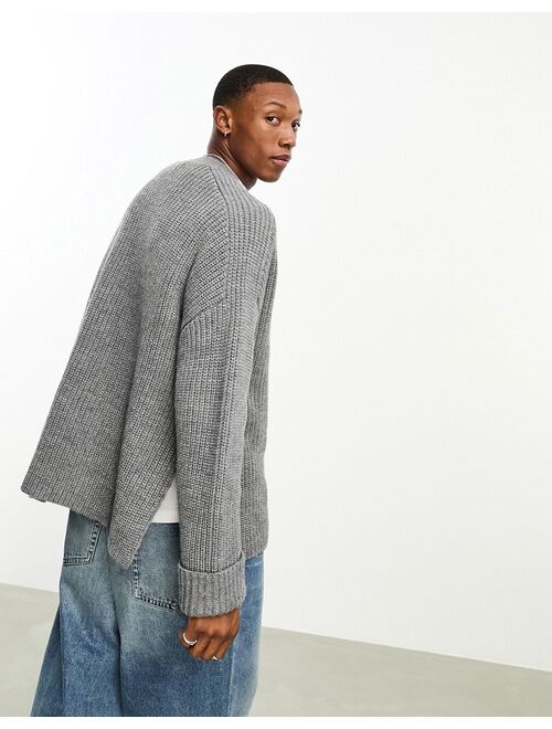 ASOS DESIGN wool mix heavyweight rib sweater with side splits in light gray