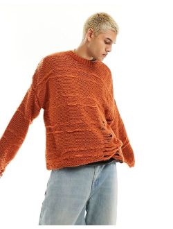 oversized knit distressing ladder detail sweater in burnt orange