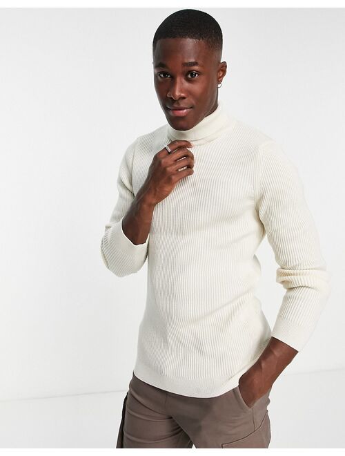 New Look ribbed muscle fit roll neck sweater in off white