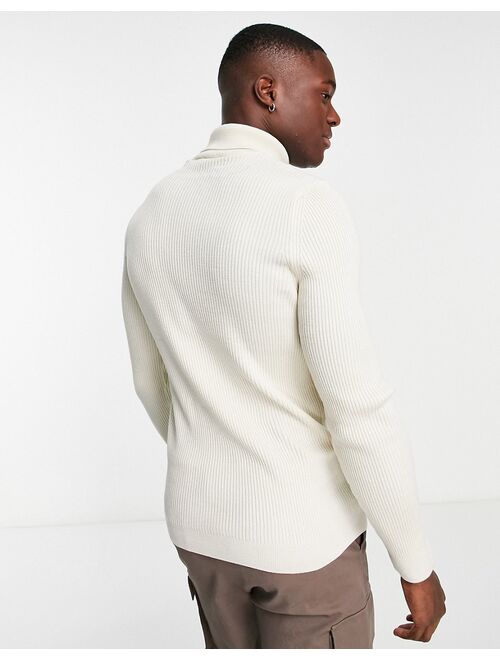 New Look ribbed muscle fit roll neck sweater in off white