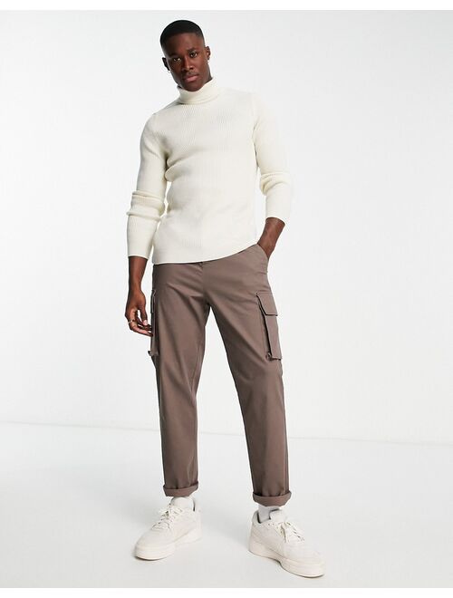 New Look ribbed muscle fit roll neck sweater in off white