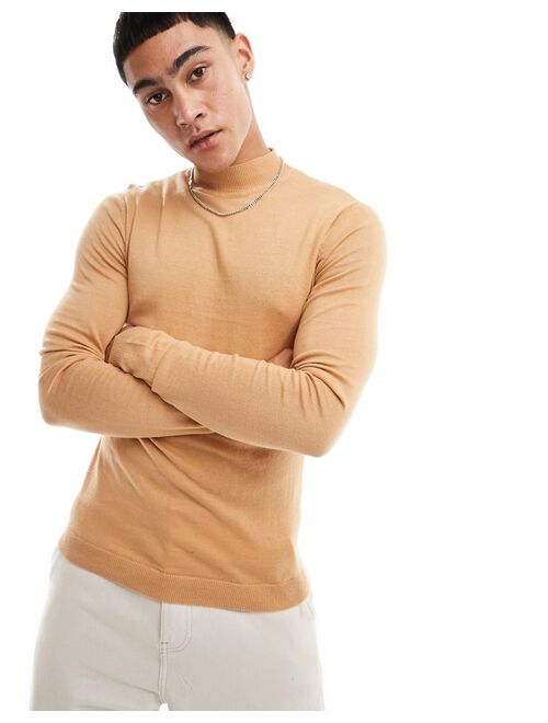 ASOS DESIGN muscle fit knit essential turtle neck sweater in tan