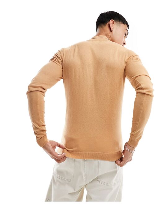 ASOS DESIGN muscle fit knit essential turtle neck sweater in tan