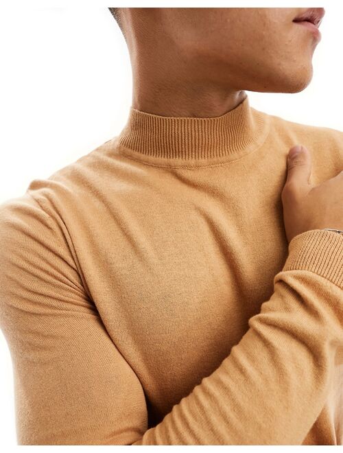 ASOS DESIGN muscle fit knit essential turtle neck sweater in tan