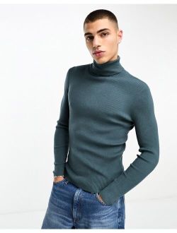 knit roll neck sweater in dark teal