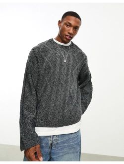 wool mix heavyweight knitted cable sweater in charcoal