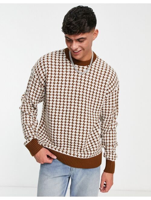 New Look relaxed fit puppytooth sweater in brown