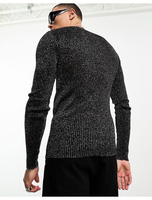 ASOS DESIGN knitted muscle fit sweater in silver and black metallic texture