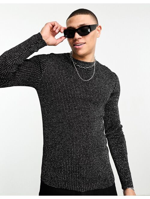 ASOS DESIGN knitted muscle fit sweater in silver and black metallic texture