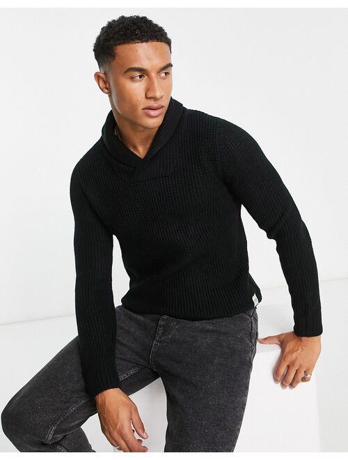 Jack & Jones Essentials shawl neck knitted sweater in black