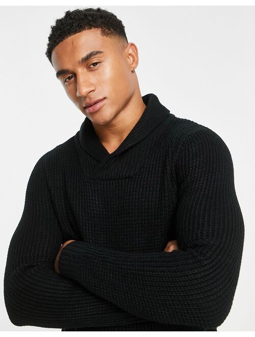 Jack & Jones Essentials shawl neck knitted sweater in black