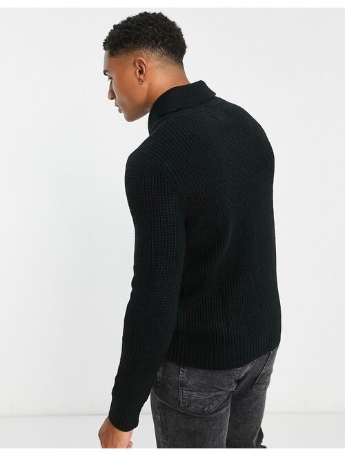 Jack & Jones Essentials shawl neck knitted sweater in black