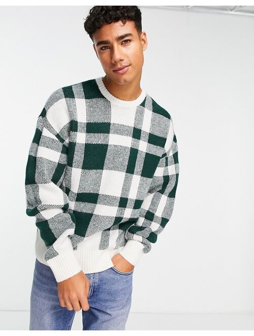 New Look large plaid relaxed fit sweater in dark green