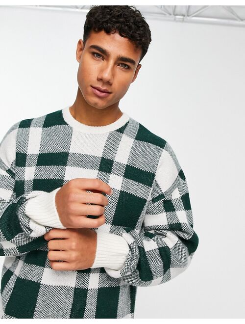 New Look large plaid relaxed fit sweater in dark green