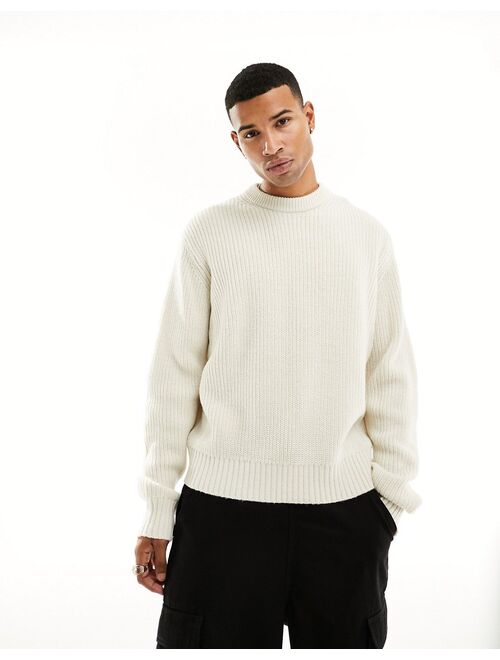 Bershka fisherman crew sweater in white