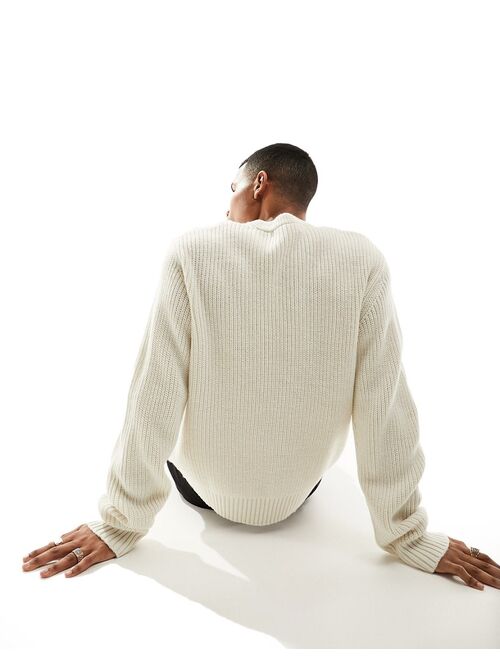 Bershka fisherman crew sweater in white