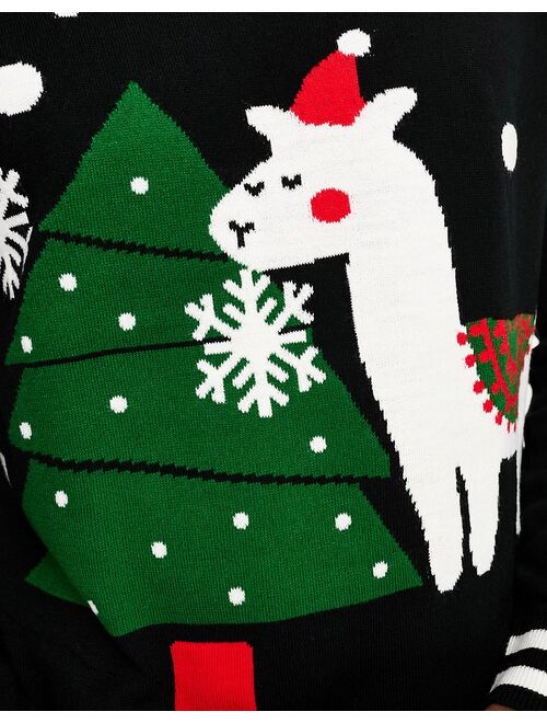 ASOS DESIGN knitted Christmas sweater with Llama pattern in black