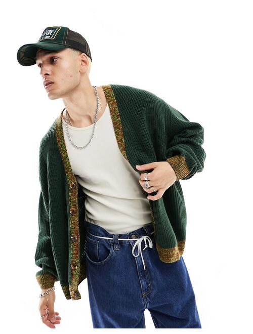 ASOS DESIGN oversized knit contrast trim fisherman ribbed cardigan in dark green