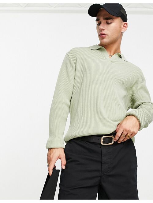 ASOS DESIGN oversized lightweight rib sweater with notch neck in sage green