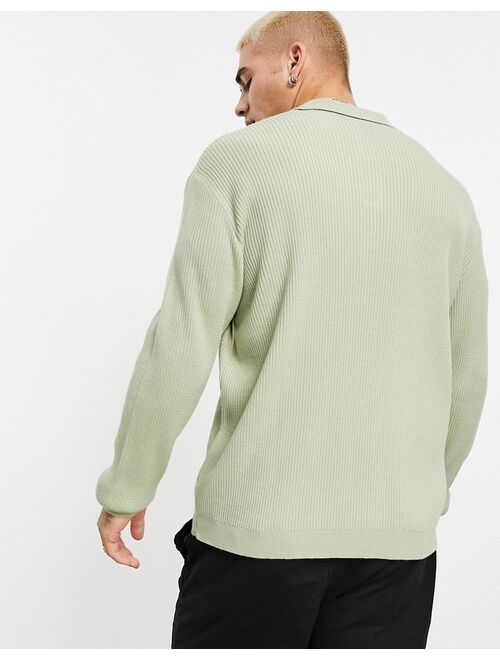 ASOS DESIGN oversized lightweight rib sweater with notch neck in sage green