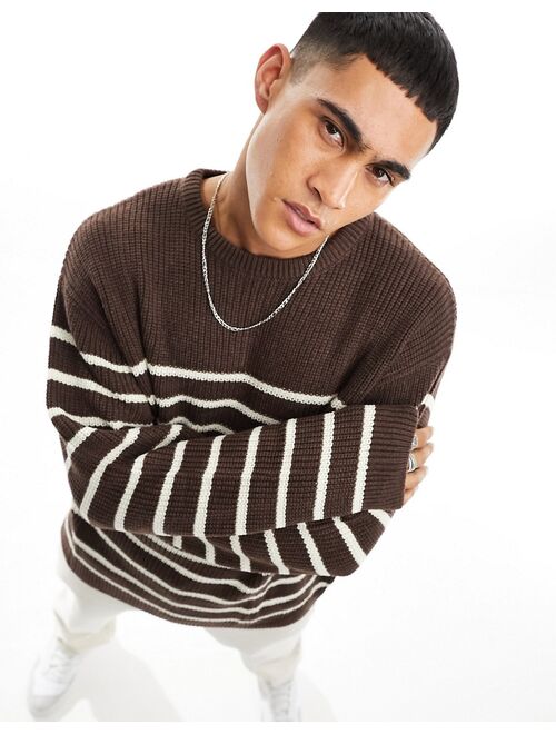 ASOS DESIGN oversized knit fisherman ribbed crew sweater in brown and white stripe