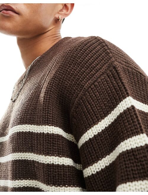 ASOS DESIGN oversized knit fisherman ribbed crew sweater in brown and white stripe