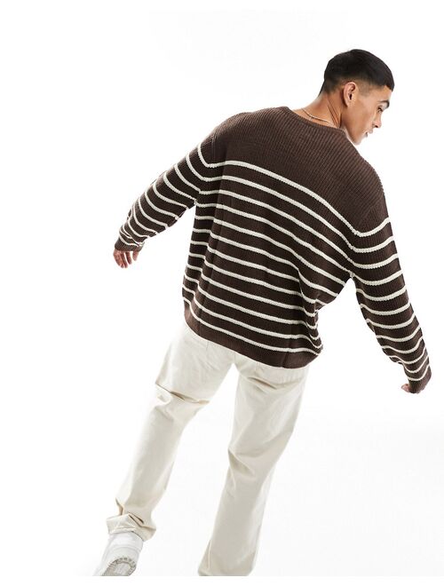 ASOS DESIGN oversized knit fisherman ribbed crew sweater in brown and white stripe