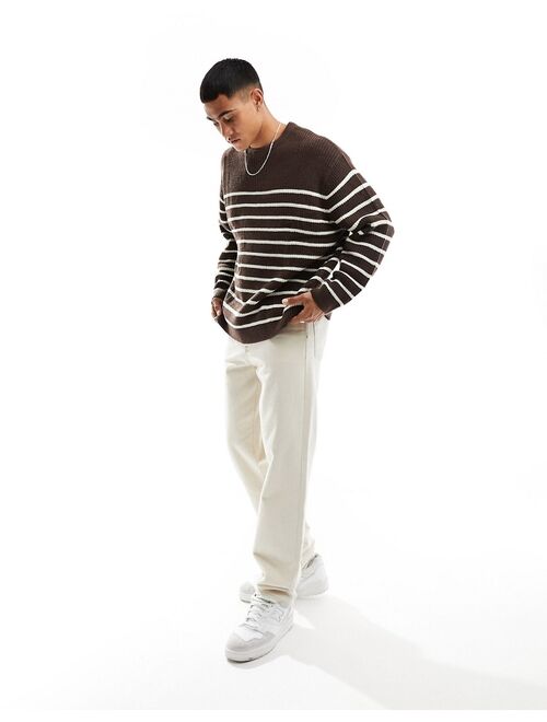 ASOS DESIGN oversized knit fisherman ribbed crew sweater in brown and white stripe