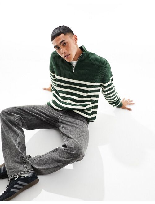 ASOS DESIGN oversized knit fisherman ribbed 1/4 sweater in green and white stripe