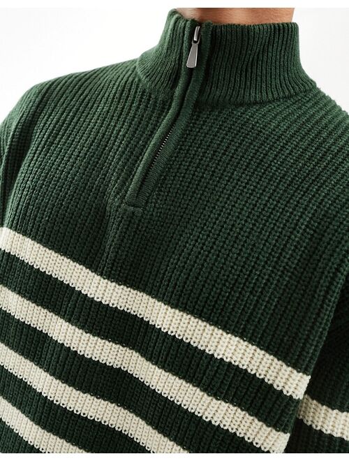 ASOS DESIGN oversized knit fisherman ribbed 1/4 sweater in green and white stripe