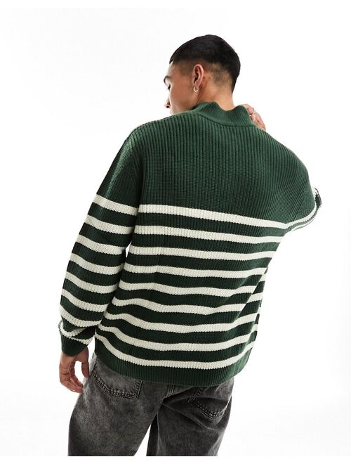 ASOS DESIGN oversized knit fisherman ribbed 1/4 sweater in green and white stripe