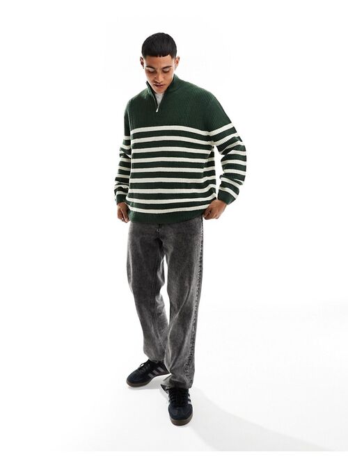 ASOS DESIGN oversized knit fisherman ribbed 1/4 sweater in green and white stripe