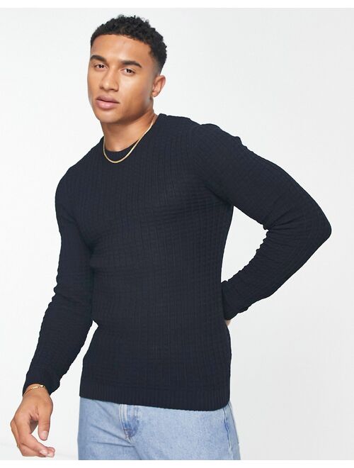 ASOS DESIGN muscle fit waffle texture sweater in navy