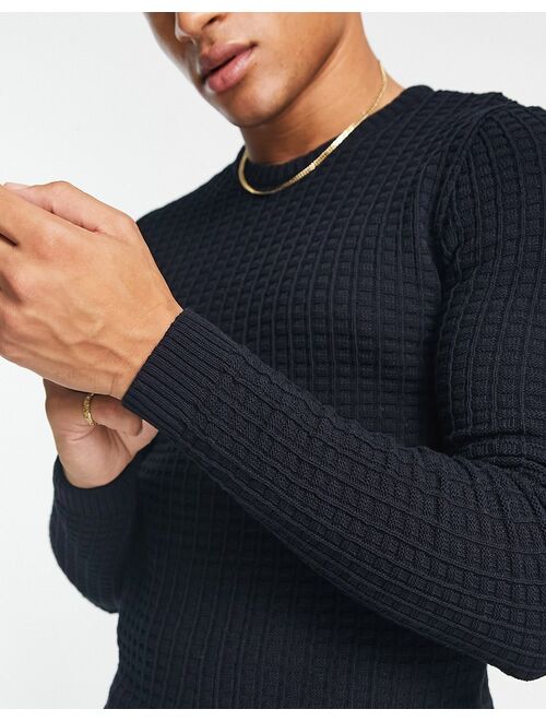 ASOS DESIGN muscle fit waffle texture sweater in navy