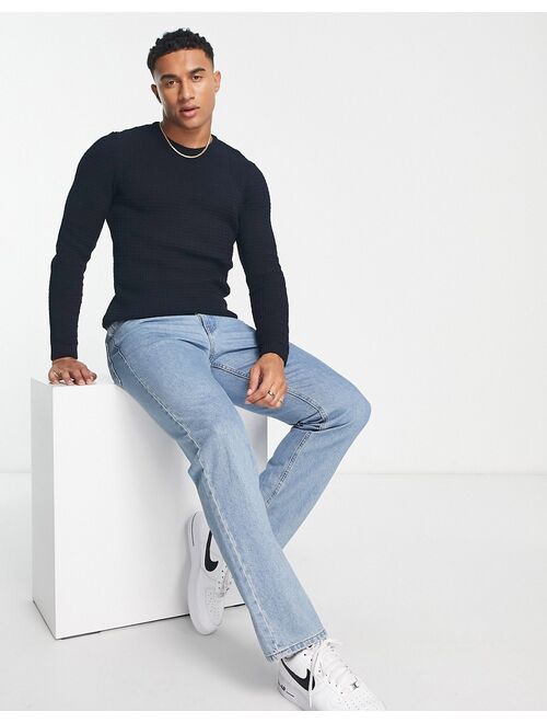 ASOS DESIGN muscle fit waffle texture sweater in navy