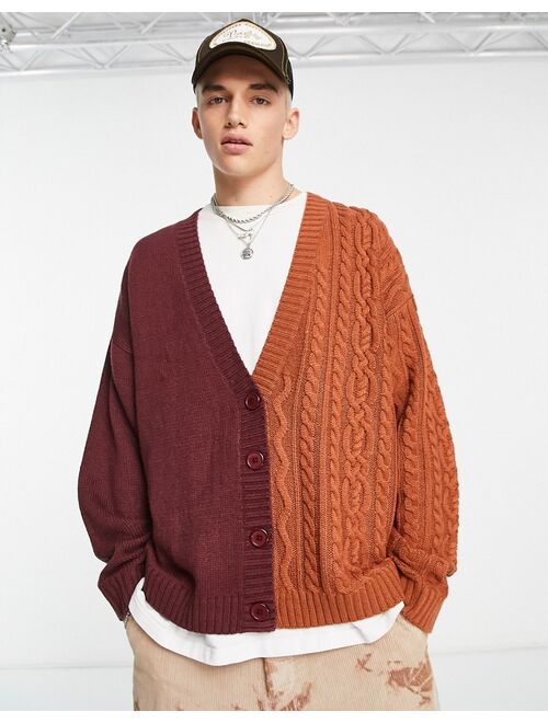 Collusion mixed cable knit cardigan in burgundy